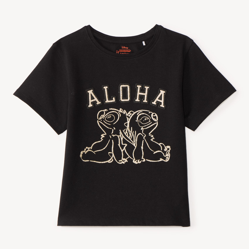 Camiseta de niña de manga corta con bordado de Stitch y Angel. 
