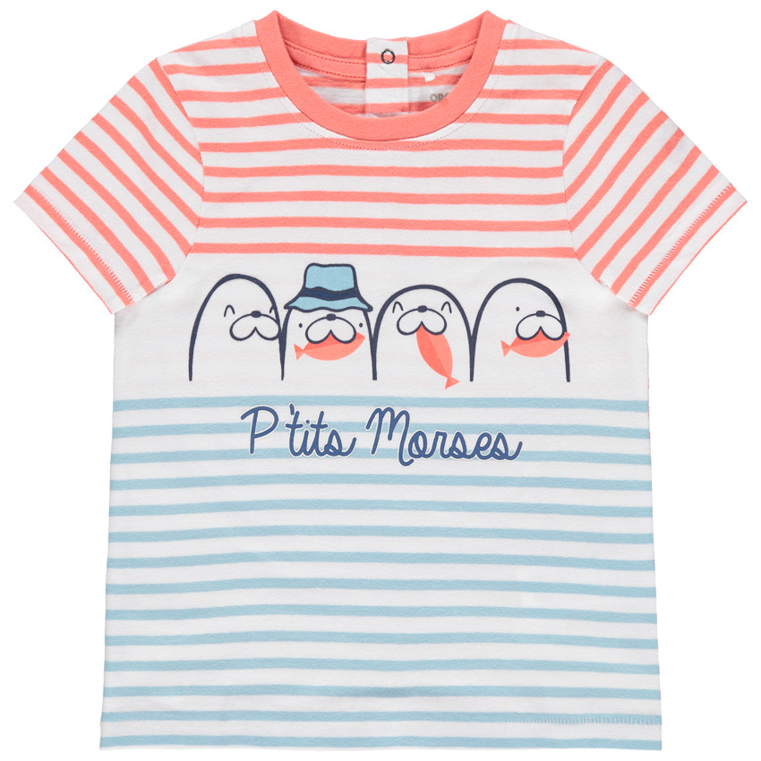 camiseta mangas cortas en algodon bio de rayas y morses estampados 