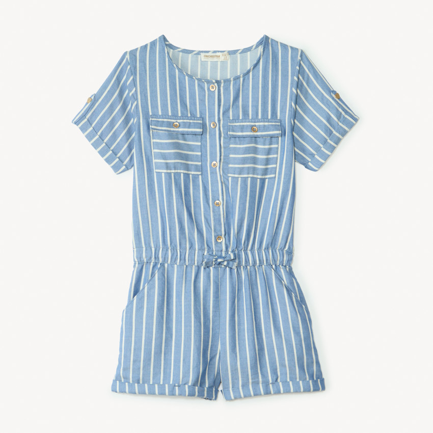 Mono de mezclilla con rayas blancas para niña. 