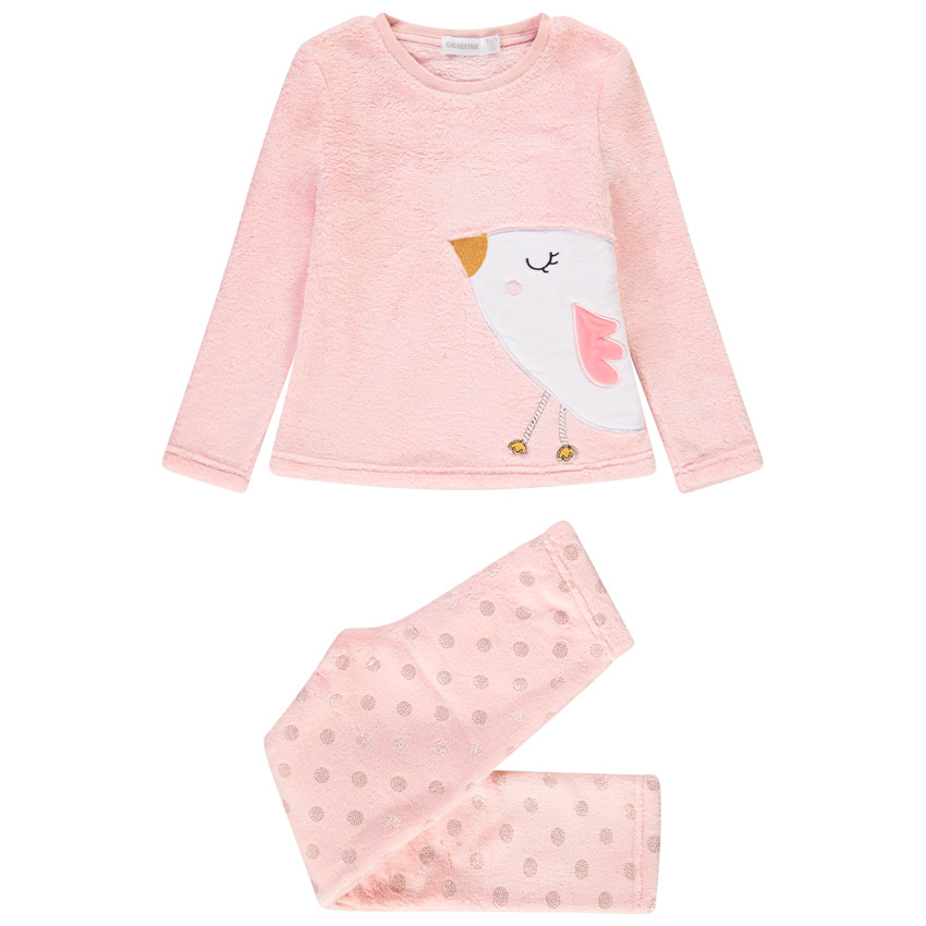 Pyjama 2 pièces en sherpa patch brodé oiseau et imprimé pois pour fille Main Pyjama 2 pièces en sherpa patch brodé oiseau et imprimé pois pour fille