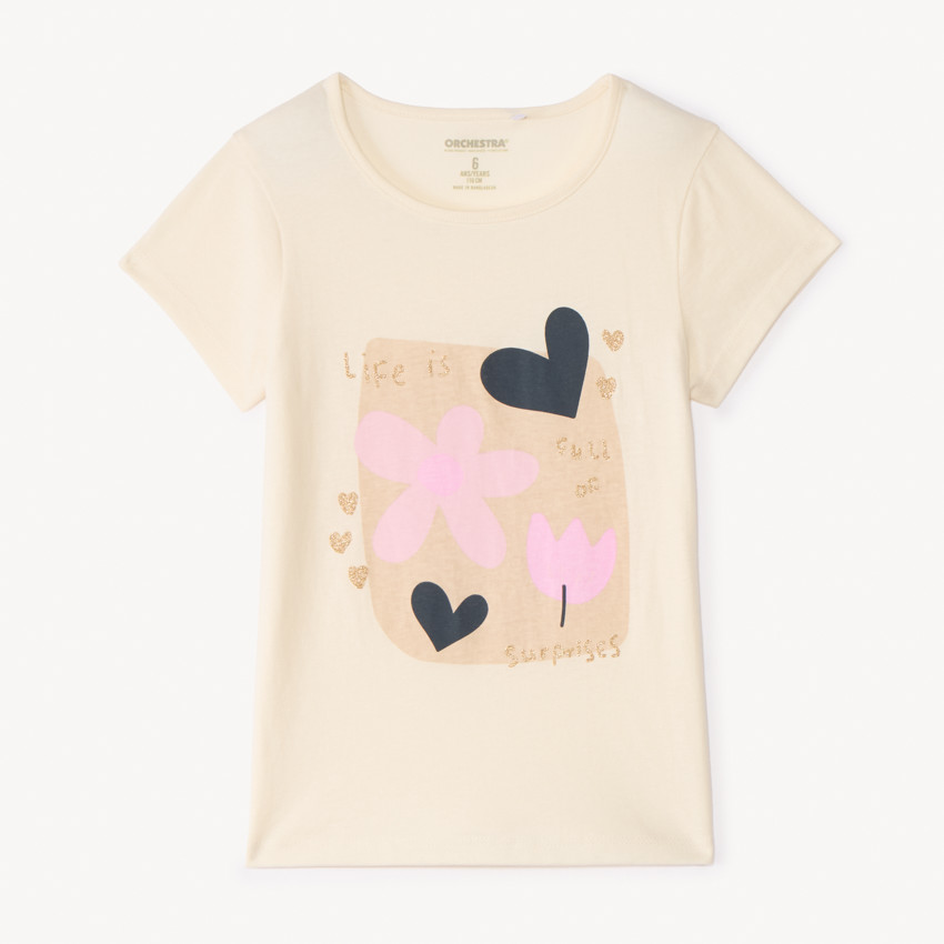 Camiseta de manga corta con estampado de purpurina para niña. 