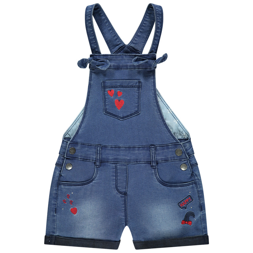 Salopette courte en jean effet used à petites broderies 
