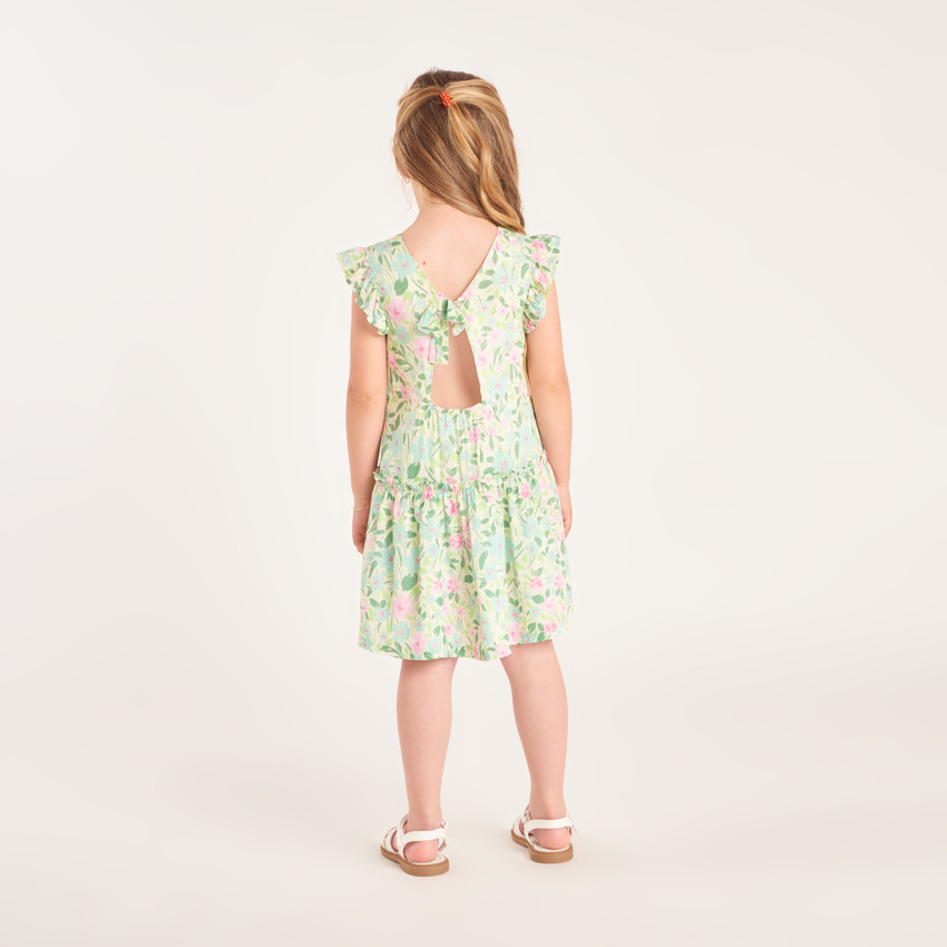 Ropa de niña con mangas cortas, estampada de flores y abertura en la espalda. 
