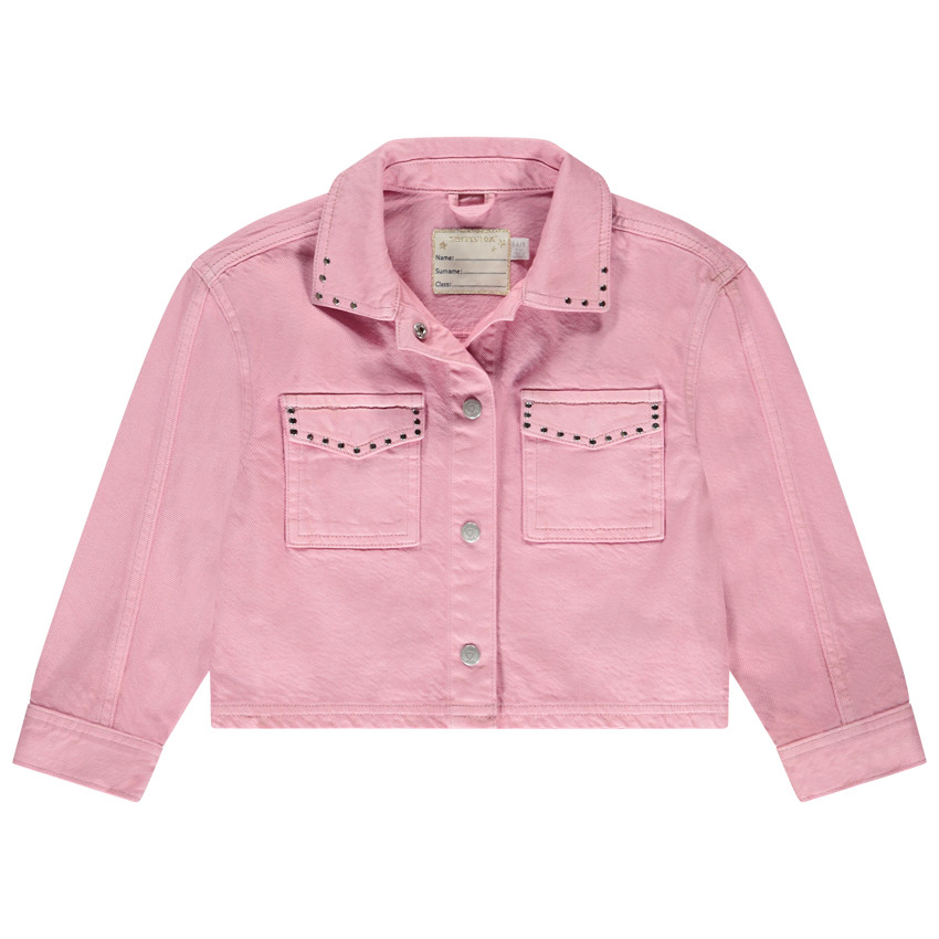 Chaqueta de mezclilla lisa con cuello camisero y tachuelas decorativas para niña 