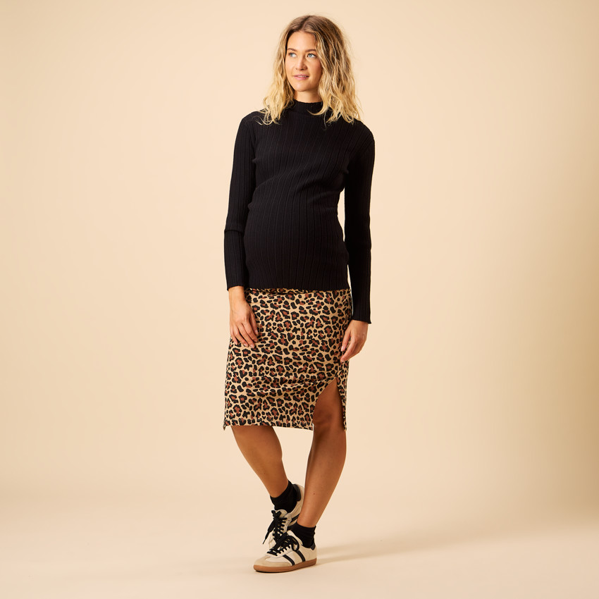 Falda larga de leopardo con abertura para mujer 