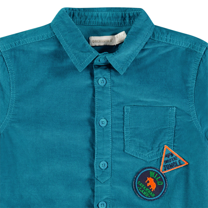 Camisa de manga larga de terciopelo azul con bolsillo y parches 