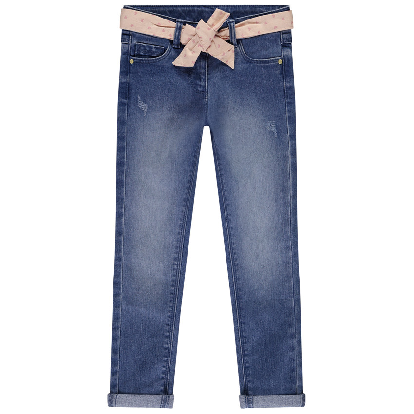 Jeans slim efecto desgastado con cinturón de pañuelo para niña 