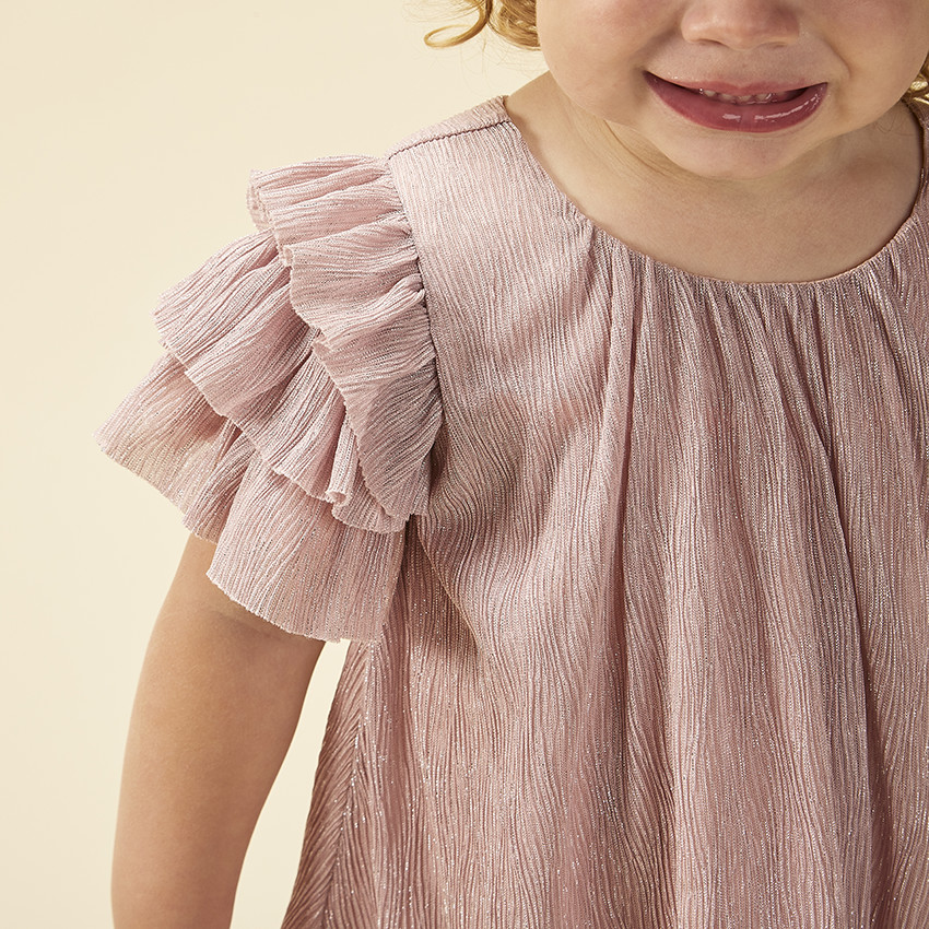 Vestido de fiesta de manga corta brillante efecto plisado para bebé niña 
