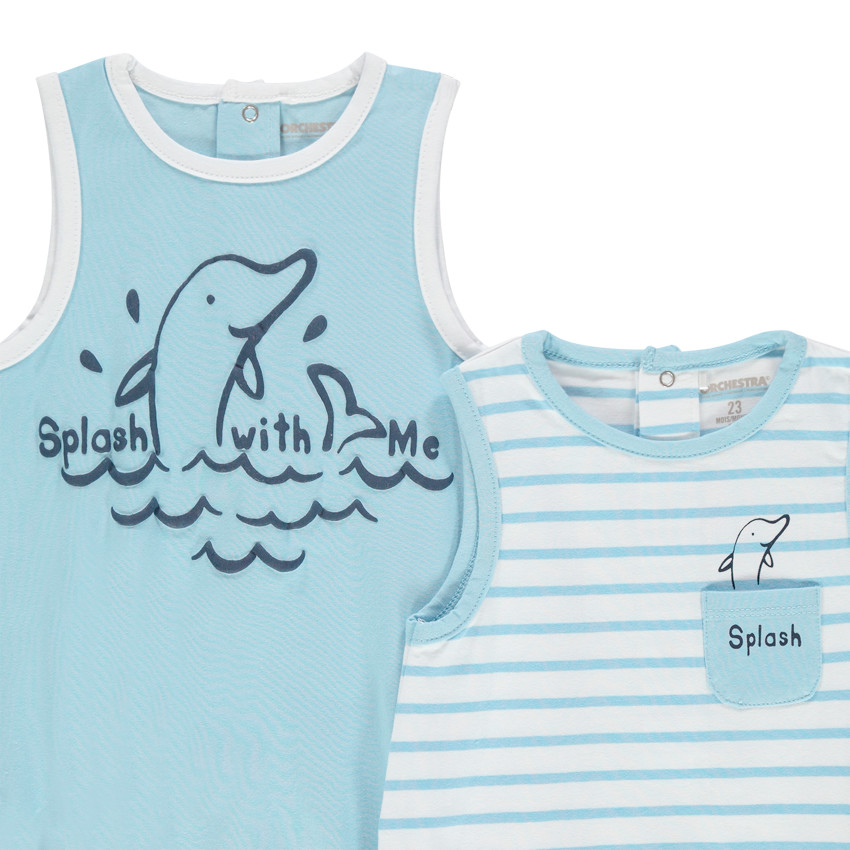 Pack de 2 peleles cortos a rayas y lisos con estampado de delfines 