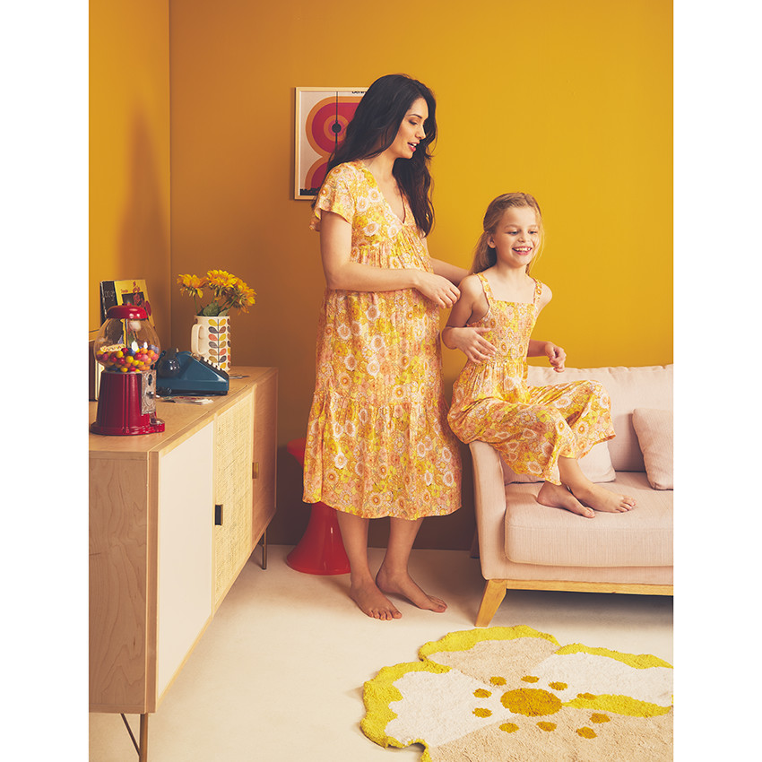 Vestido de manga corta con volantes y estampado retro para mujer 