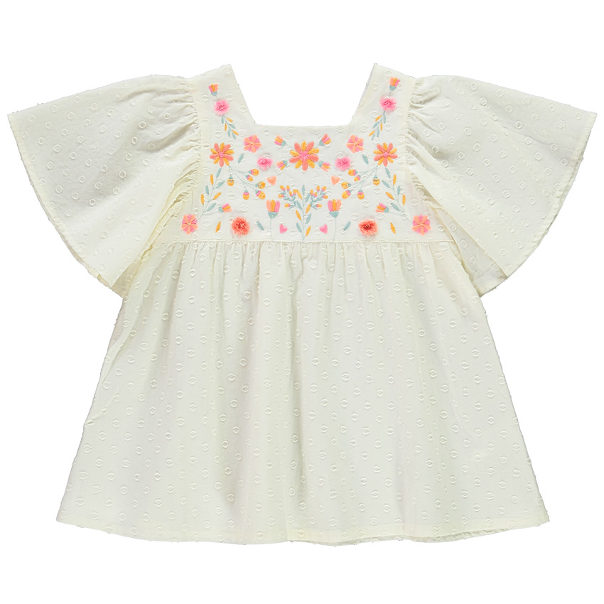 Túnica manga corta con plumetis y bordados para niña 