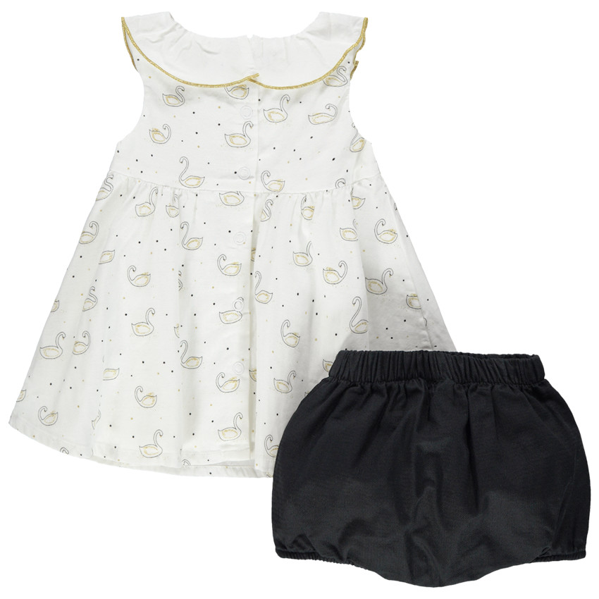 Conjunto con Vestido estampado cisnes y bloomer con nudo dorado  Additional Conjunto con Vestido estampado cisnes y bloomer con nudo dorado