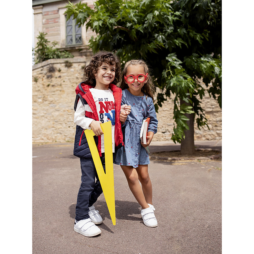 Vestido de chambray manga larga rayas y corazones bordados 