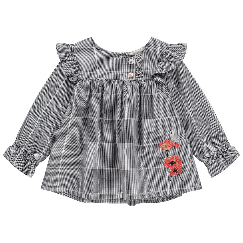 Tunique manches longues à carreaux et fleur brodée 