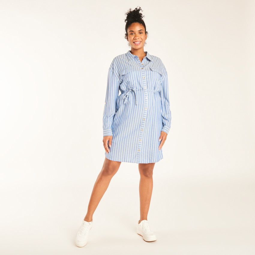 Vestido de camisa de manga larga con lazo para mujer 