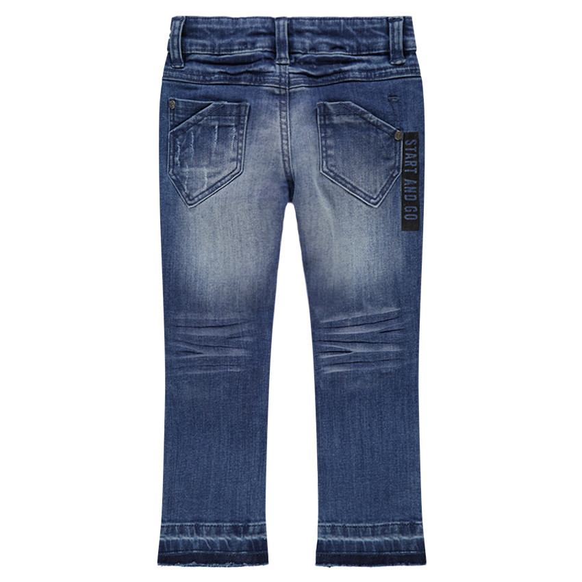 Vaqueros con efecto desgastado y arrugado con inscripción estampada en la espalda 