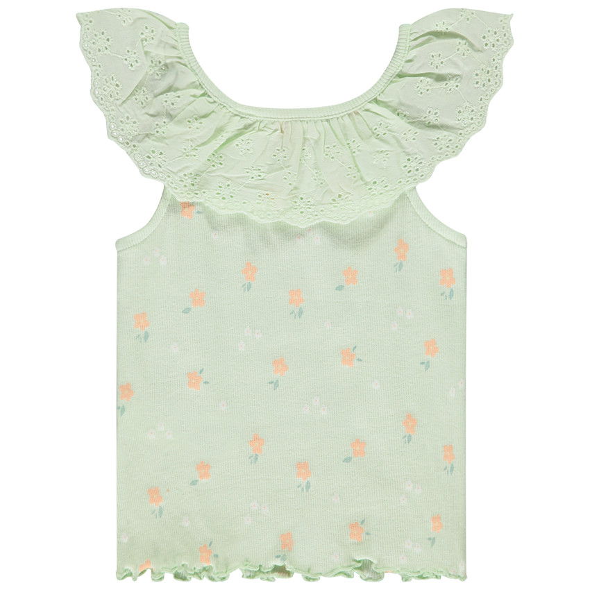 Camiseta sin mangas de punto acanalado con cuello de bordado inglés para bebé niña 