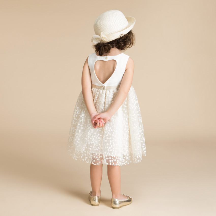 Vestido de ceremonia bimaterial con espalda calada en forma de corazón para niña bebé 