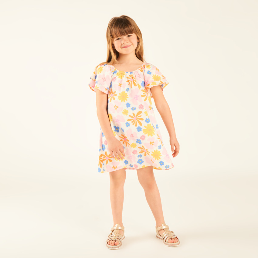 Vestido de manga corta de sarga con estampado de flores para niña 