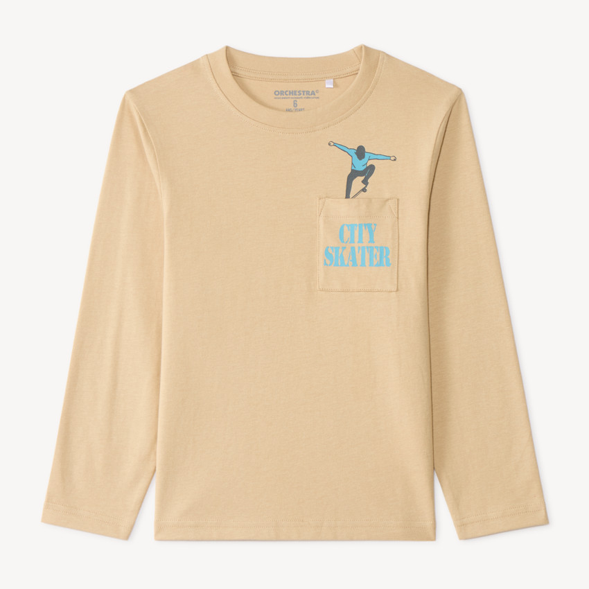 Camiseta de manga larga con bolsillo y estampado divertido para niño. 