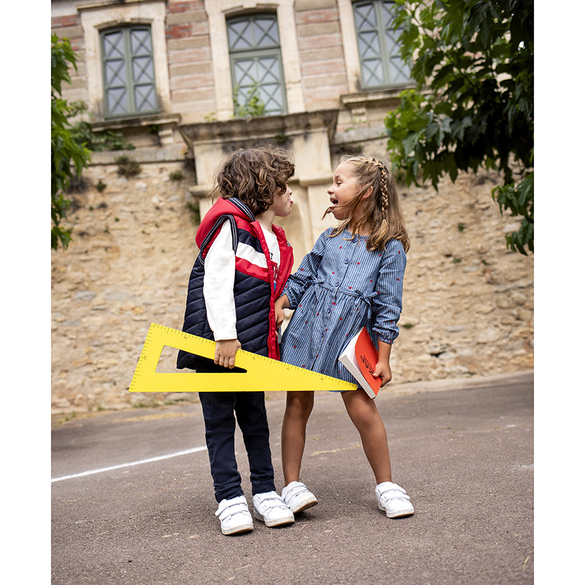 Vestido de chambray manga larga rayas y corazones bordados 