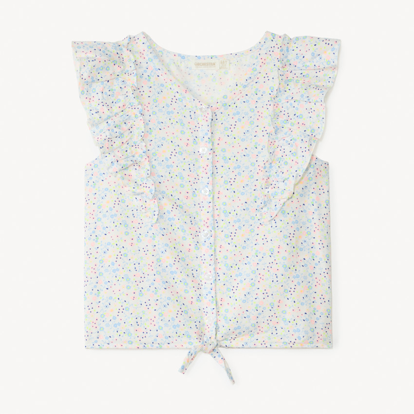 Camisa de manga corta con gran volante impreso de flores para niña 