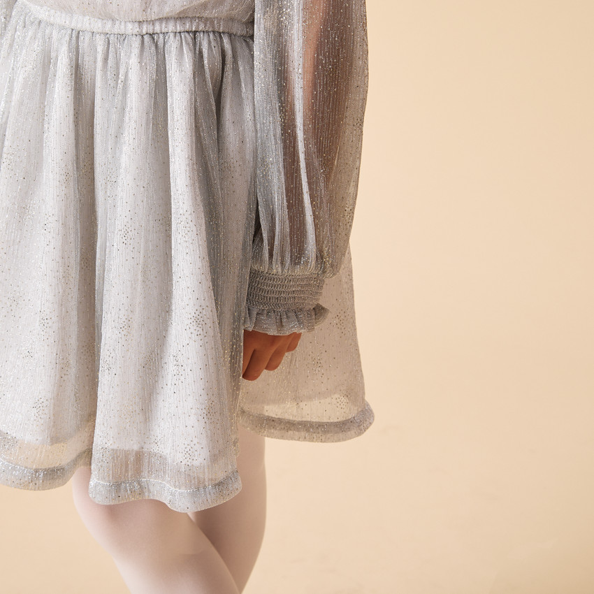 Vestido de fiesta plateado con mangas largas abullonadas para niña 