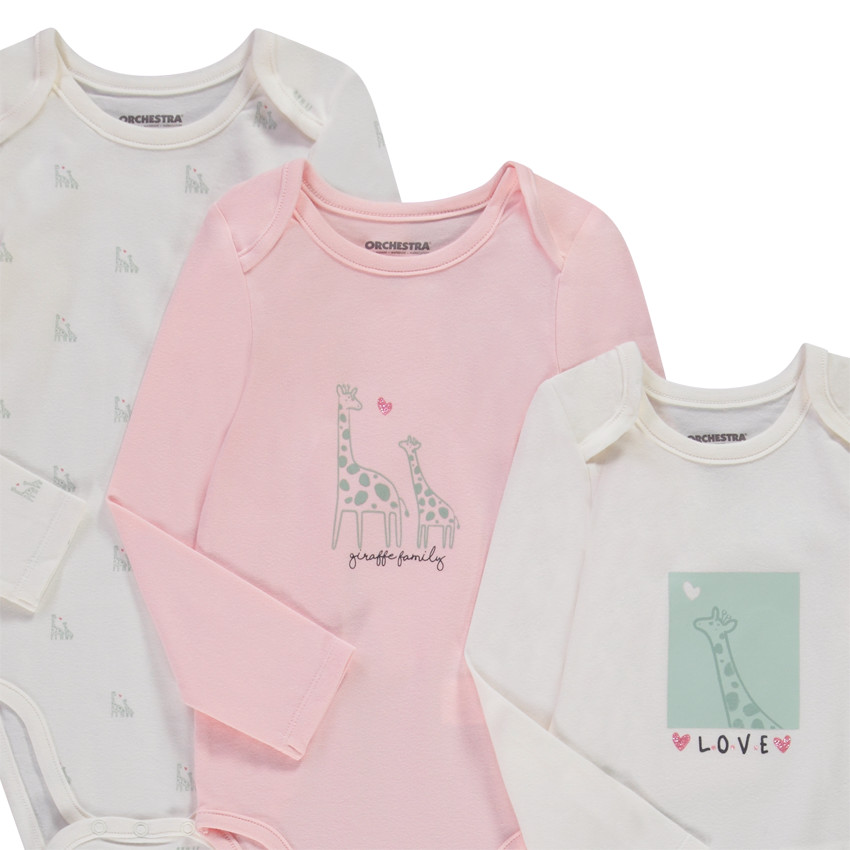 Pack de 5 bodies de manga larga para bebé niña con diferentes aperturas según la edad. 
