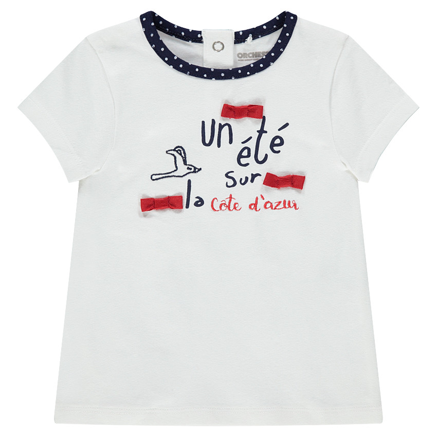 Camiseta de manga corta de punto con lazos e inscripciones estampadas 