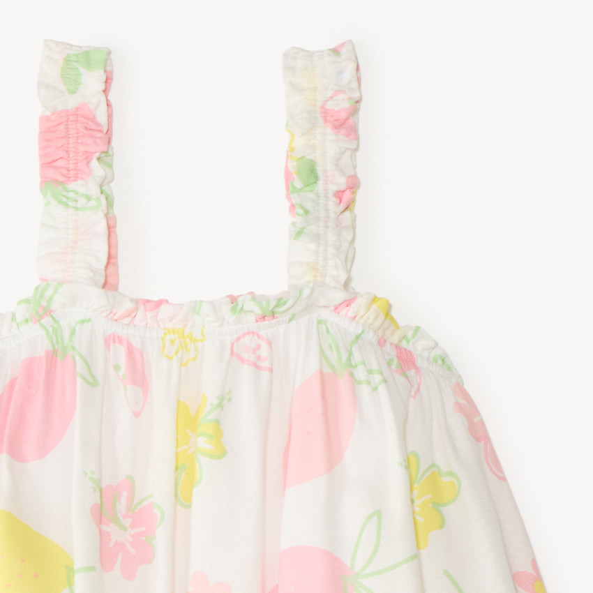 Top corto abullonado con tirantes y estampado de frutas para niña 