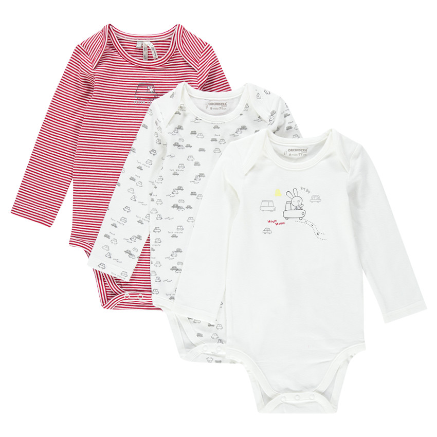 Lote de 3 bodies manga larga de tejido de punto con rayas/liso con estampado 