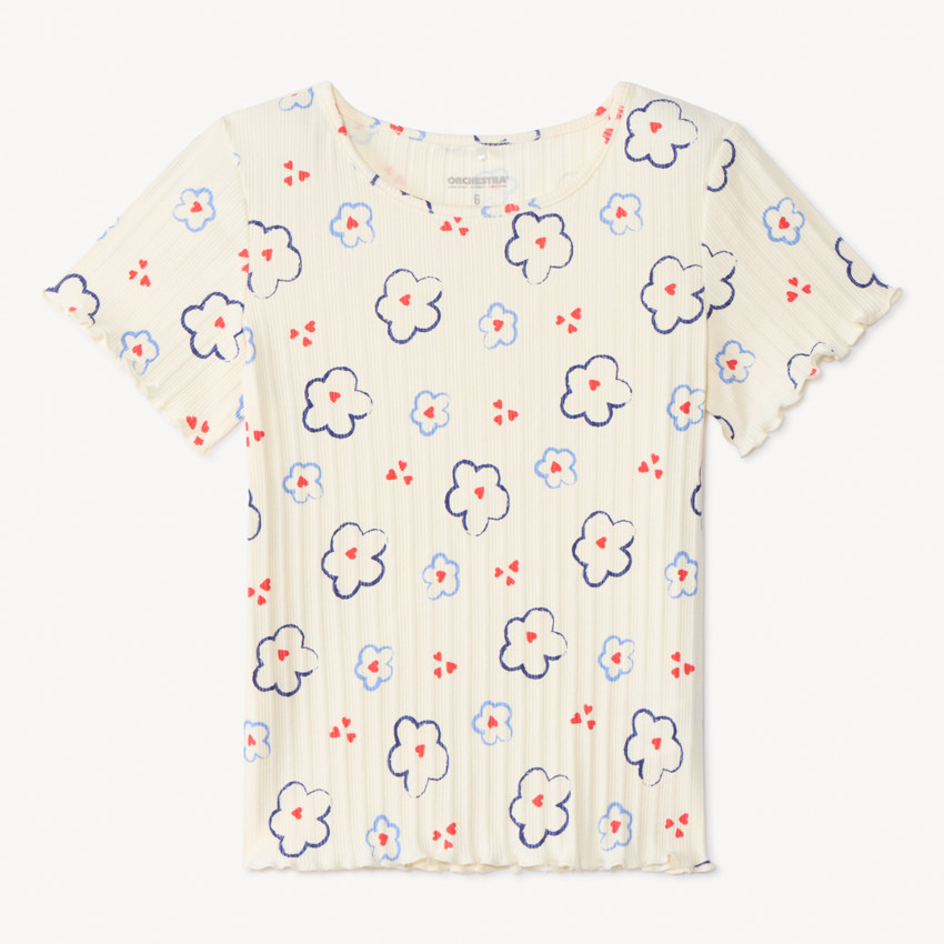 Camiseta de manga corta en punto canalé con estampado lateral para niña 