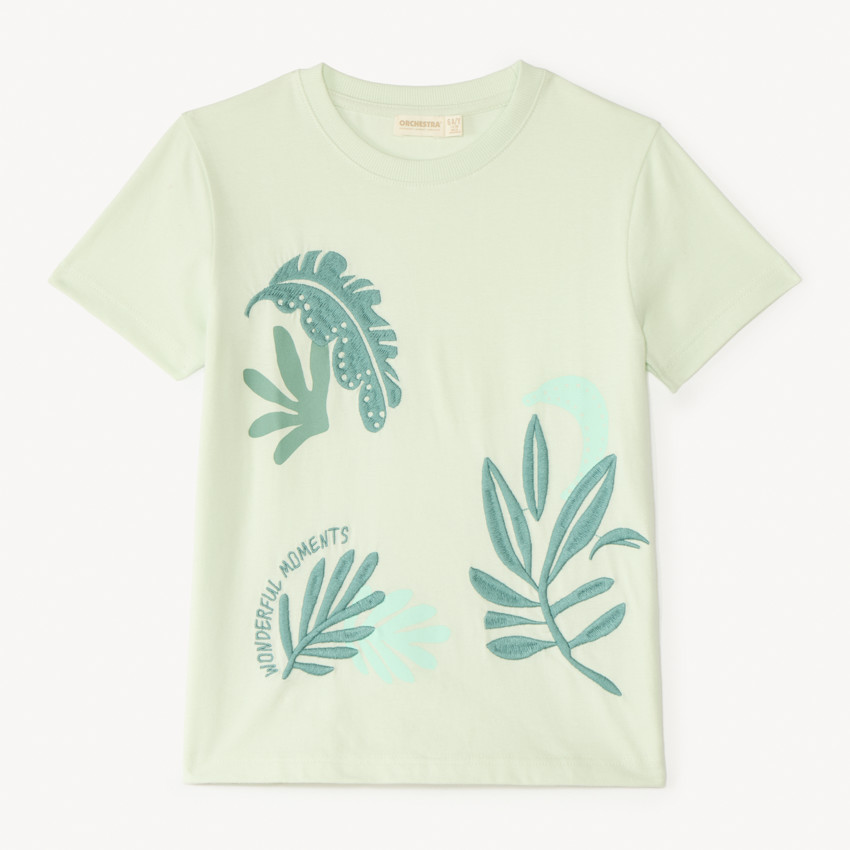 Camiseta de manga corta con bordado de hojas tropicales para niño. 