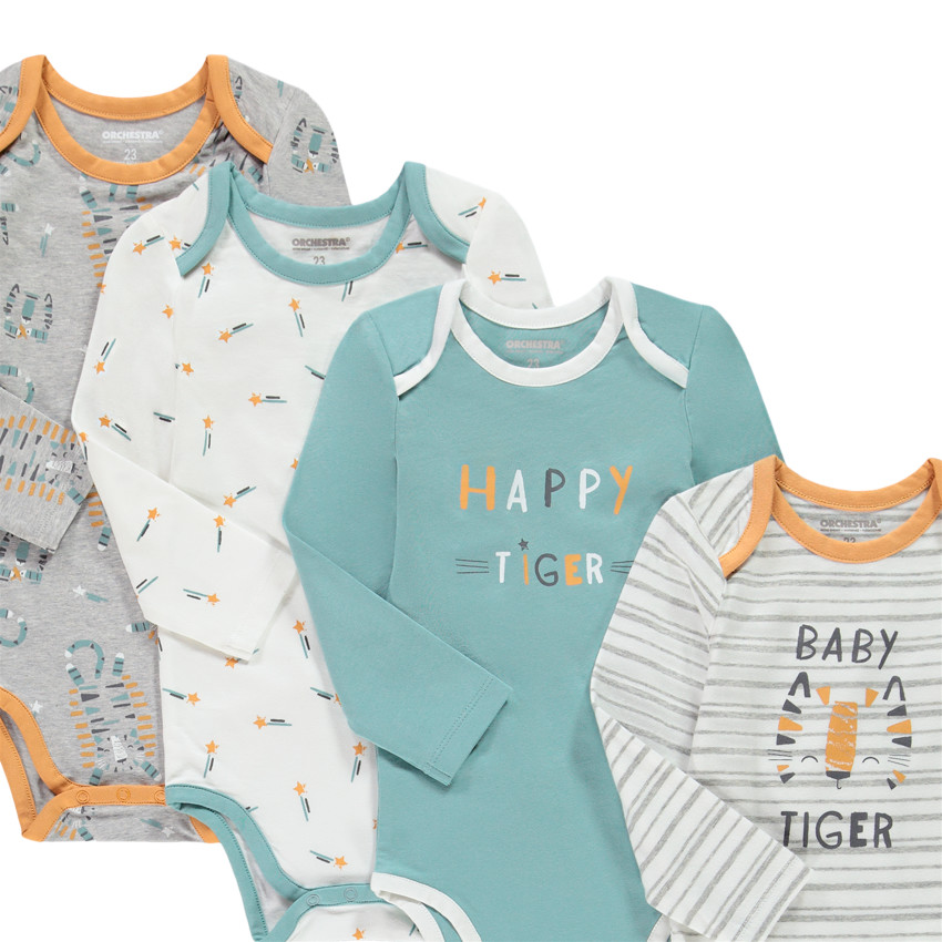 Pack de 7 bodies de manga larga estampados con tigres para bebé niño 