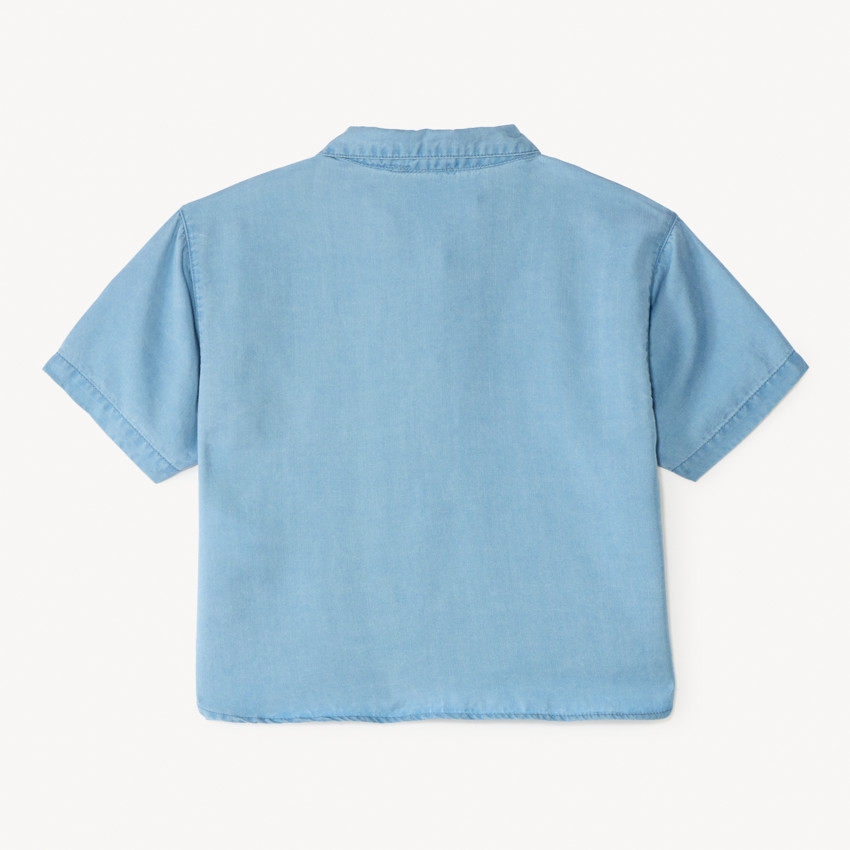 Camisa de manga corta con hombros fruncidos y flores bordadas para niña. 