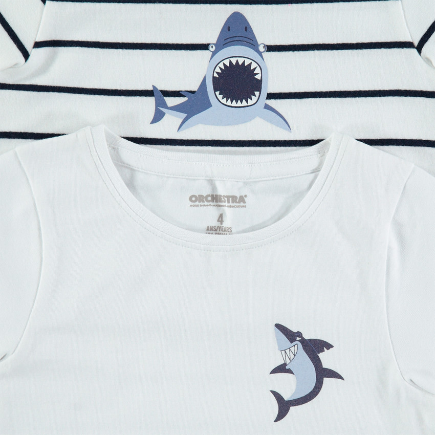 Juego de 2 camisetas interiores de punto de rayas/liso con estampado de tiburón 