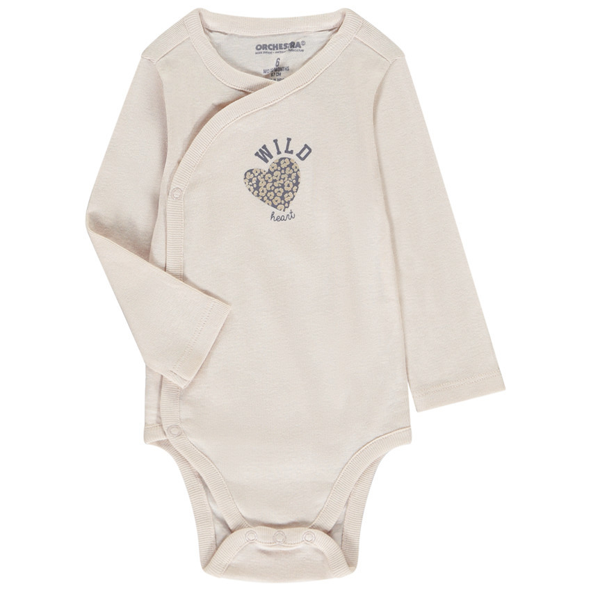 Pack de 7 bodies de manga larga con diseños variados para bebé niña, con diferentes aberturas según la edad. 