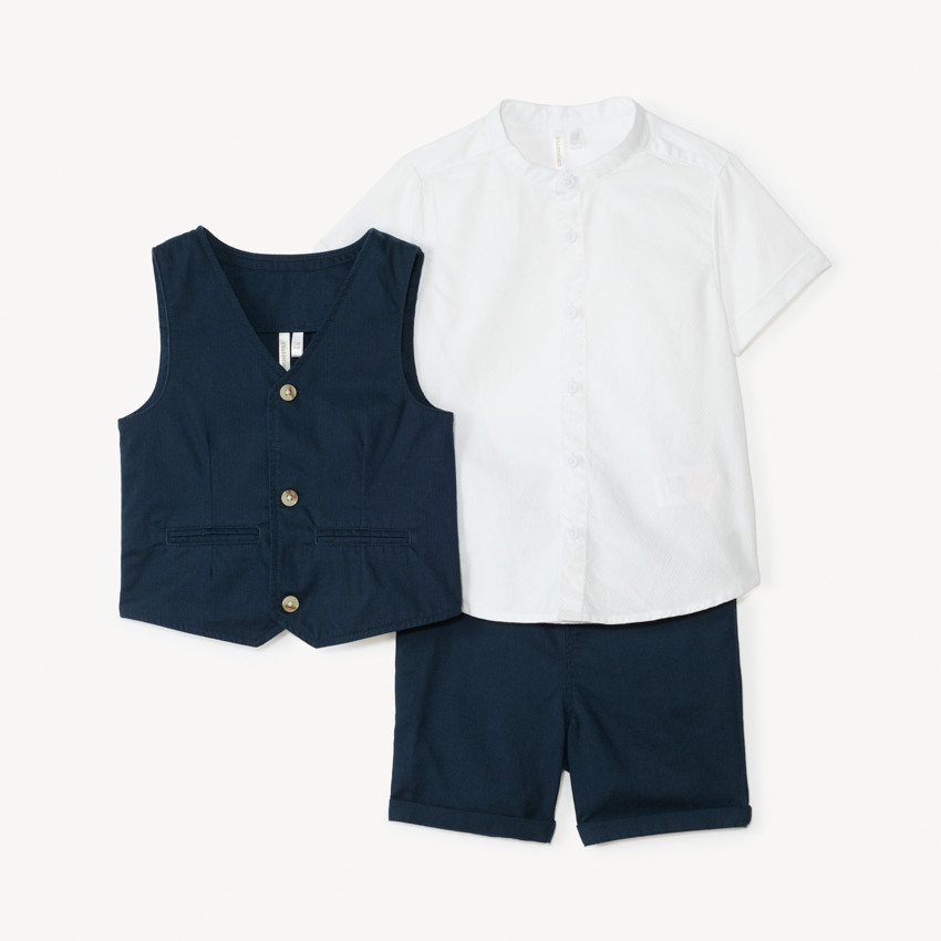 Conjunto corto de 3 piezas: camisa de manga corta + chaleco + bermudas para bebé niño. 