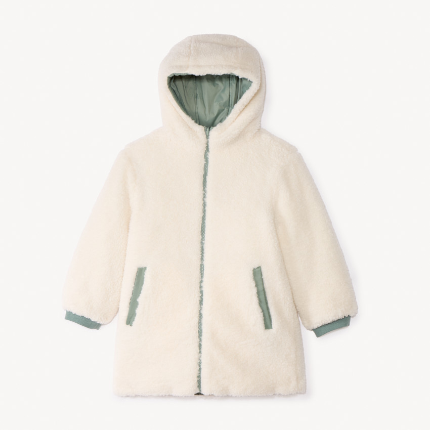 Plumífero largo reversible de dos materiales para niña 