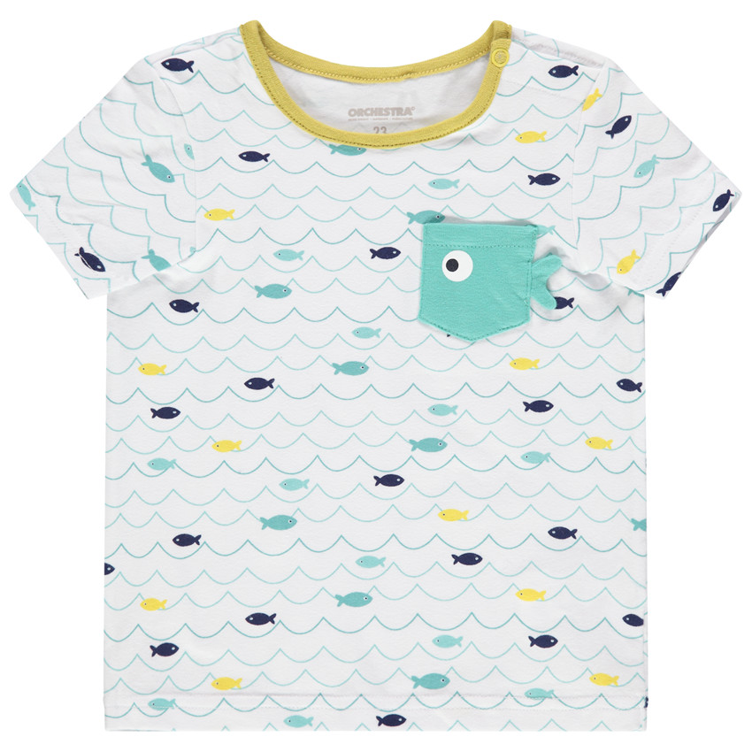 Camiseta de manga corta con estampado de peces all over y bolsillo 