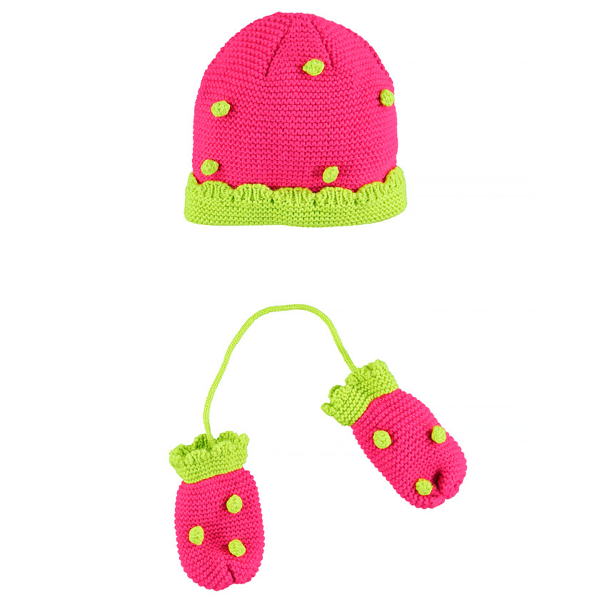 Conjunto de gorro y manoplas de punto con pompones anís 