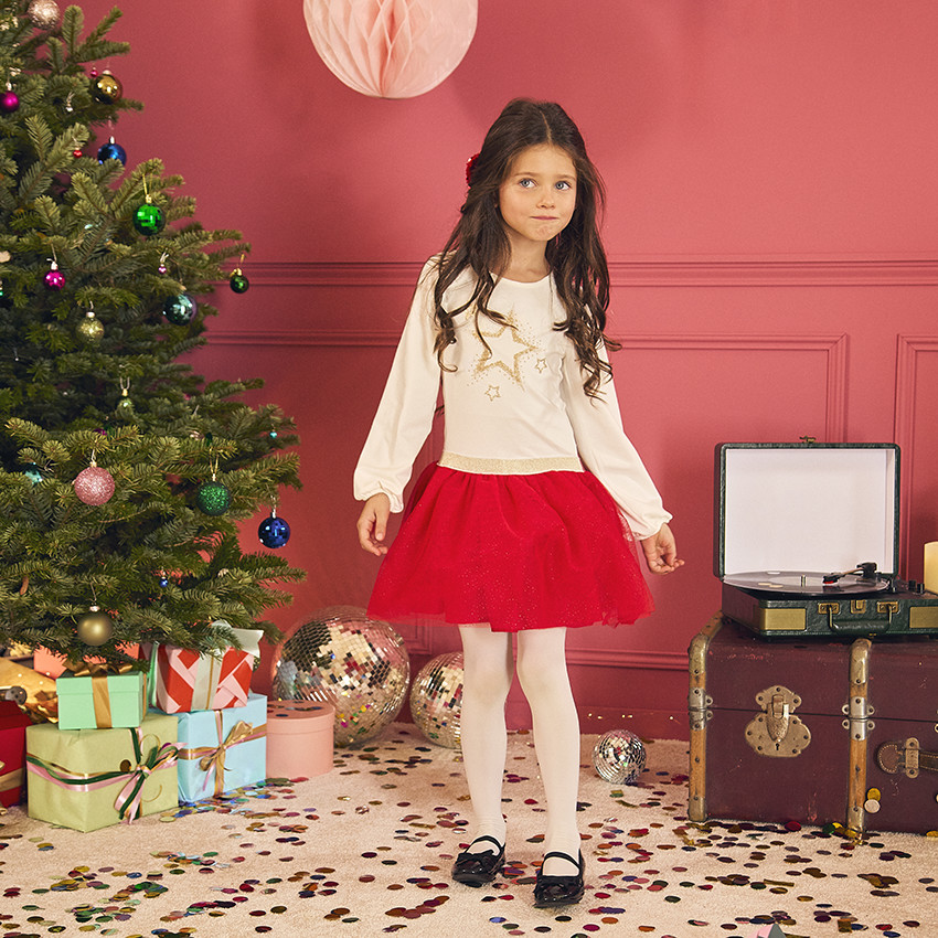 Vestido de fiesta de manga larga efecto 2 en 1 de bi-materia para niña 