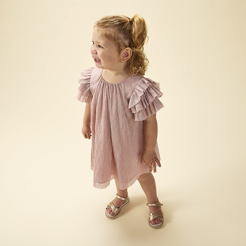 Vestido de fiesta de manga corta brillante efecto plisado para bebé niña 