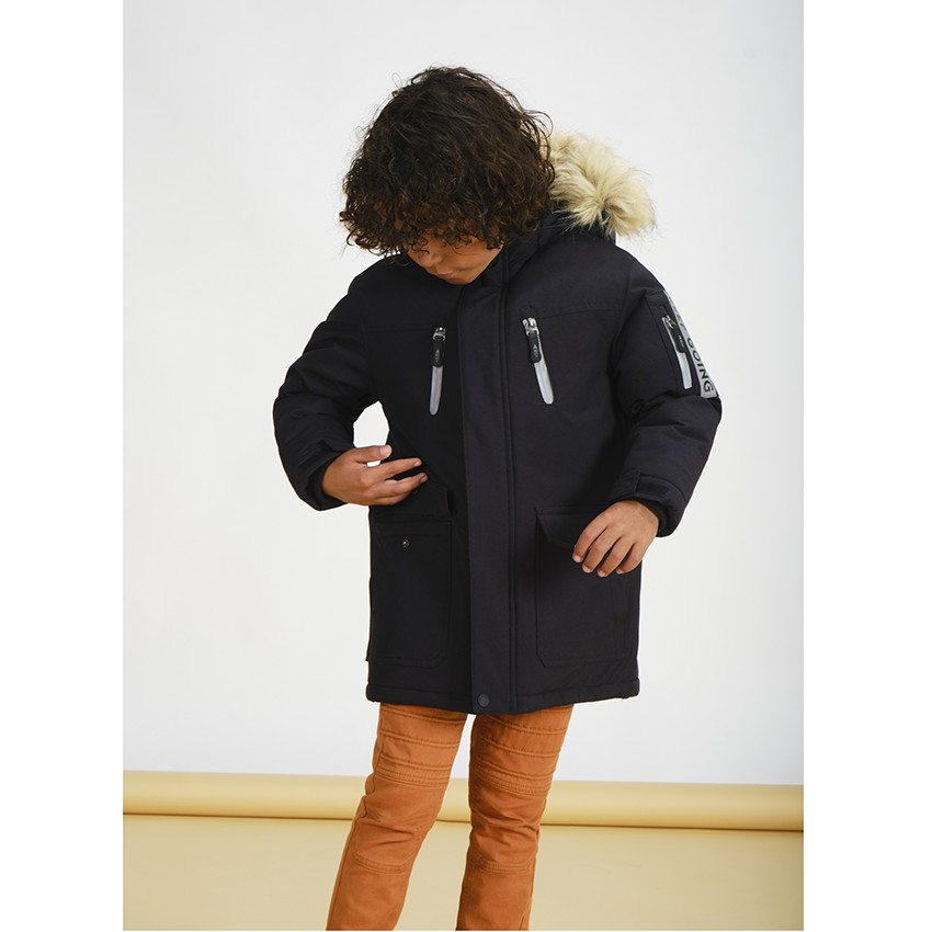 Parka en poliéster con capucha con pelo falso y forro micropolar para niño 