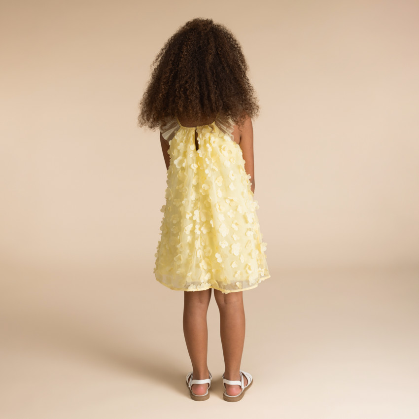 Vestido liso de tul y satén con pequeñas flores en 3D para niña 