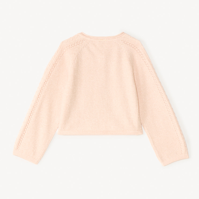 Bolero de manga larga de punto calado y hilo metalizado para niña bebé. 