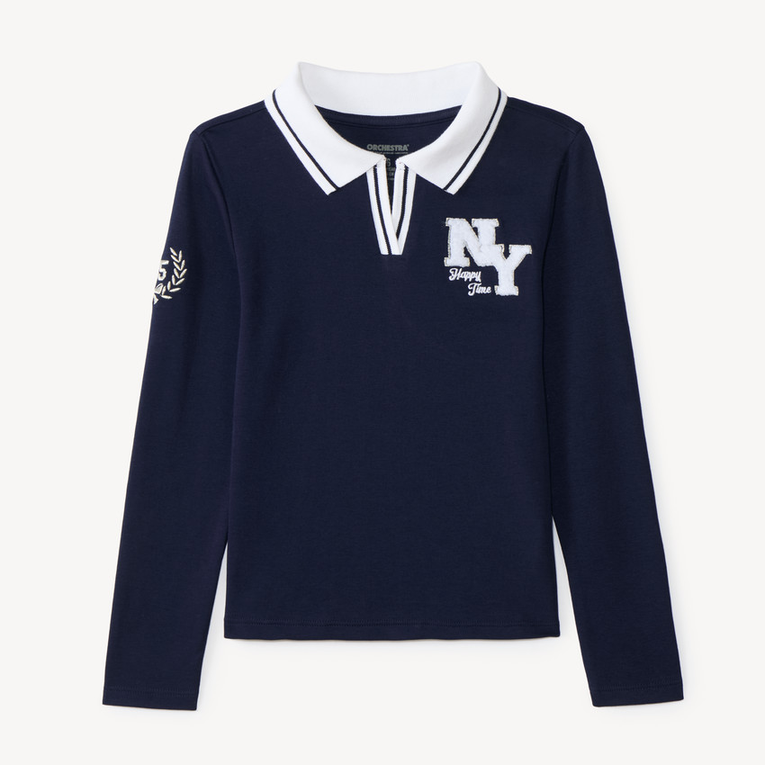 Camiseta de niña de mangas largas estilo polo con parche "NY". 