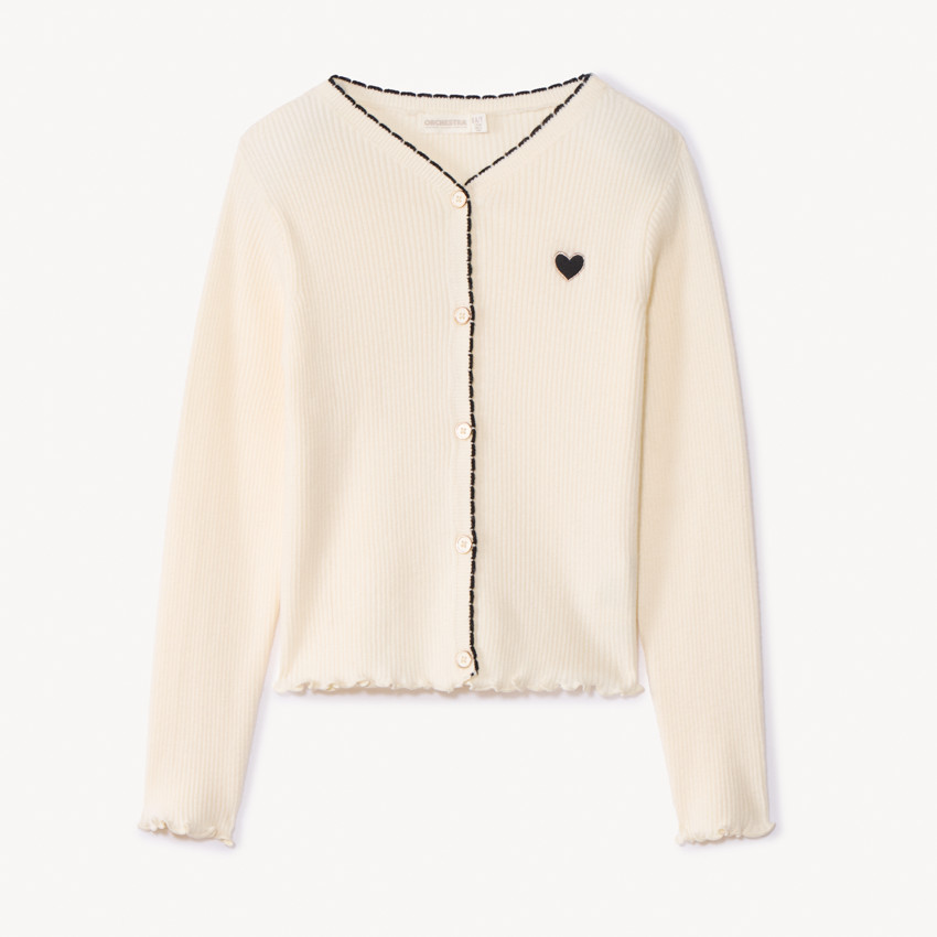 Cárdigan de punto acanalado con parche de corazón para niña 