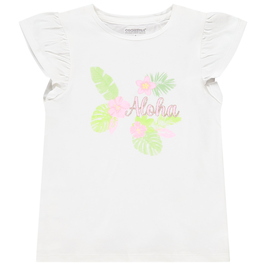 Camiseta de manga corta con volantes y estampado fantasía para niña 