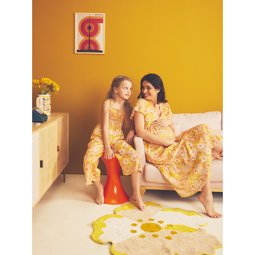 Vestido de manga corta con volantes y estampado retro para mujer 